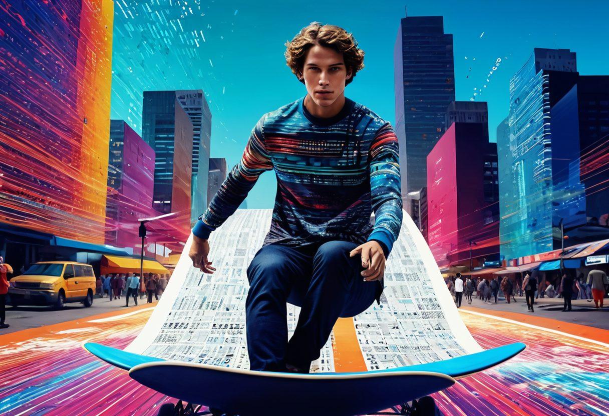 A stylish surfer riding a digital wave made of binary code, with vibrant fashion elements scattered throughout like clothing designs and accessories. In the background, a lively urban setting depicts diverse citizens engaging in e-voting, with electronic devices and colorful voting booths. The composition combines a sense of movement and energy, illustrating the fusion of technology, fashion, and civic engagement. vibrant colors. super-realistic. dynamic composition.