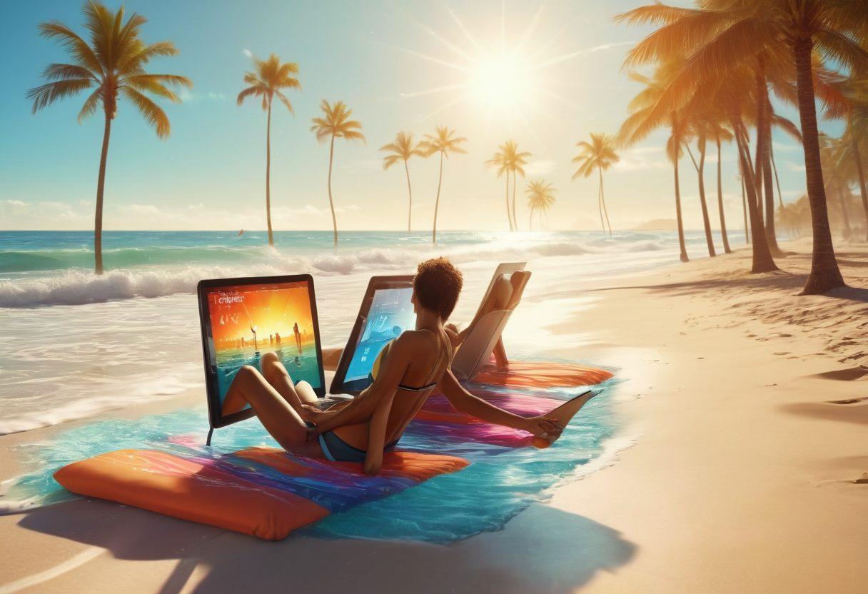 A futuristic beach scene infused with digital elements, featuring people using tablets and smartphones to vote while wearing stylish beachwear. The ocean waves crash in the background, shimmering with binary code patterns, and colorful beach umbrellas symbolize digital democracy. Bright sunlight and palm trees create a lively atmosphere. super-realistic. vibrant colors. high contrast.