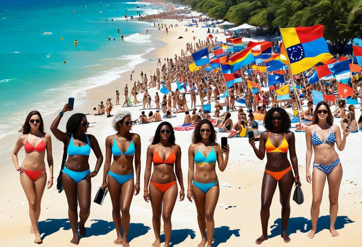 A vibrant scene depicting a split image: on one side, a colorful beach with diverse individuals in stylish swimwear holding smartphones, representing digital engagement; on the other side, a civic space with people casting votes, symbolizing democracy. Bright colors and dynamic expressions to convey energy and activism. Include elements that tie swimwear fashion to political participation, such as beach flags with voting motifs. super-realistic. vibrant colors. 3D.